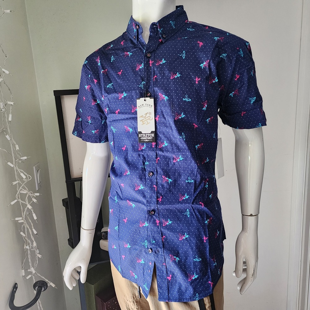 Raw Yarn Industries Mens Navy Hummingbird Print Short Sleeve Button Down Shirt